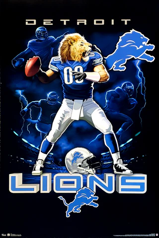 A lion playing football in a stadium with lighting and other football players in the background.