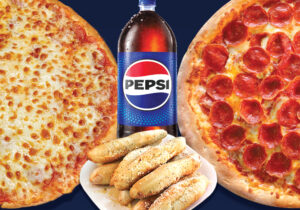 A pizza with breadsticks and pepsie